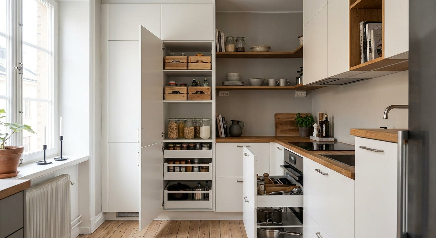 A compact galley kitchen with floor-to-ceiling white cabinetry, open pull-out organizers, and warm wood accents demonstrating clever storage solutions.