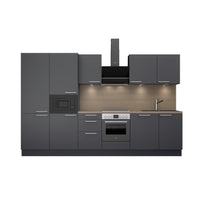 GEBA vormontierte Komplett-Küchenzeile 340cm mit Einbaugeräten: Backofen, Einbau-Kühlschrank, Mikrowelle, Kochfeld, Geschirrspüler & Spüle
